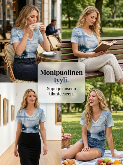 Naisten Suomi Midjuter Festival Printed Casual V-kaula T-paita