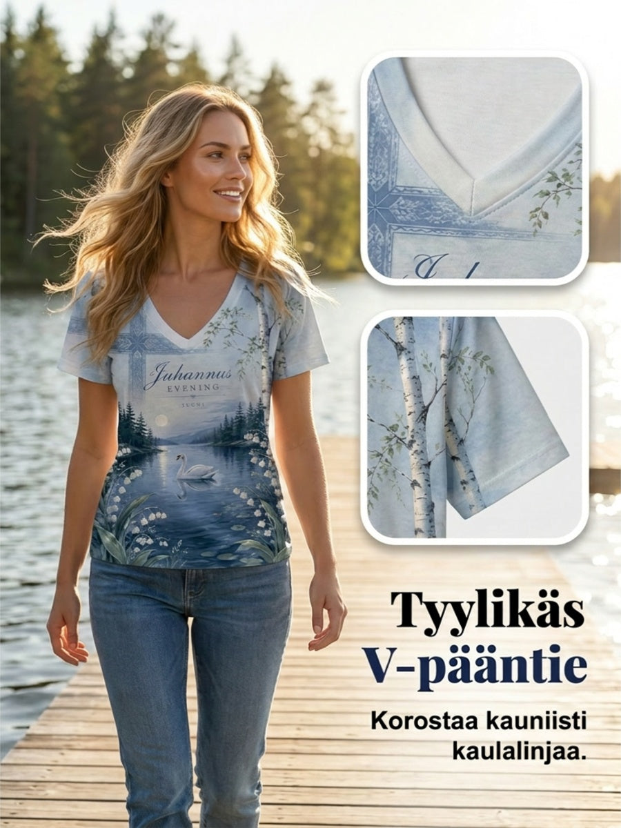 Naisten Suomi Midjuter Festival Printed Casual V-kaula T-paita