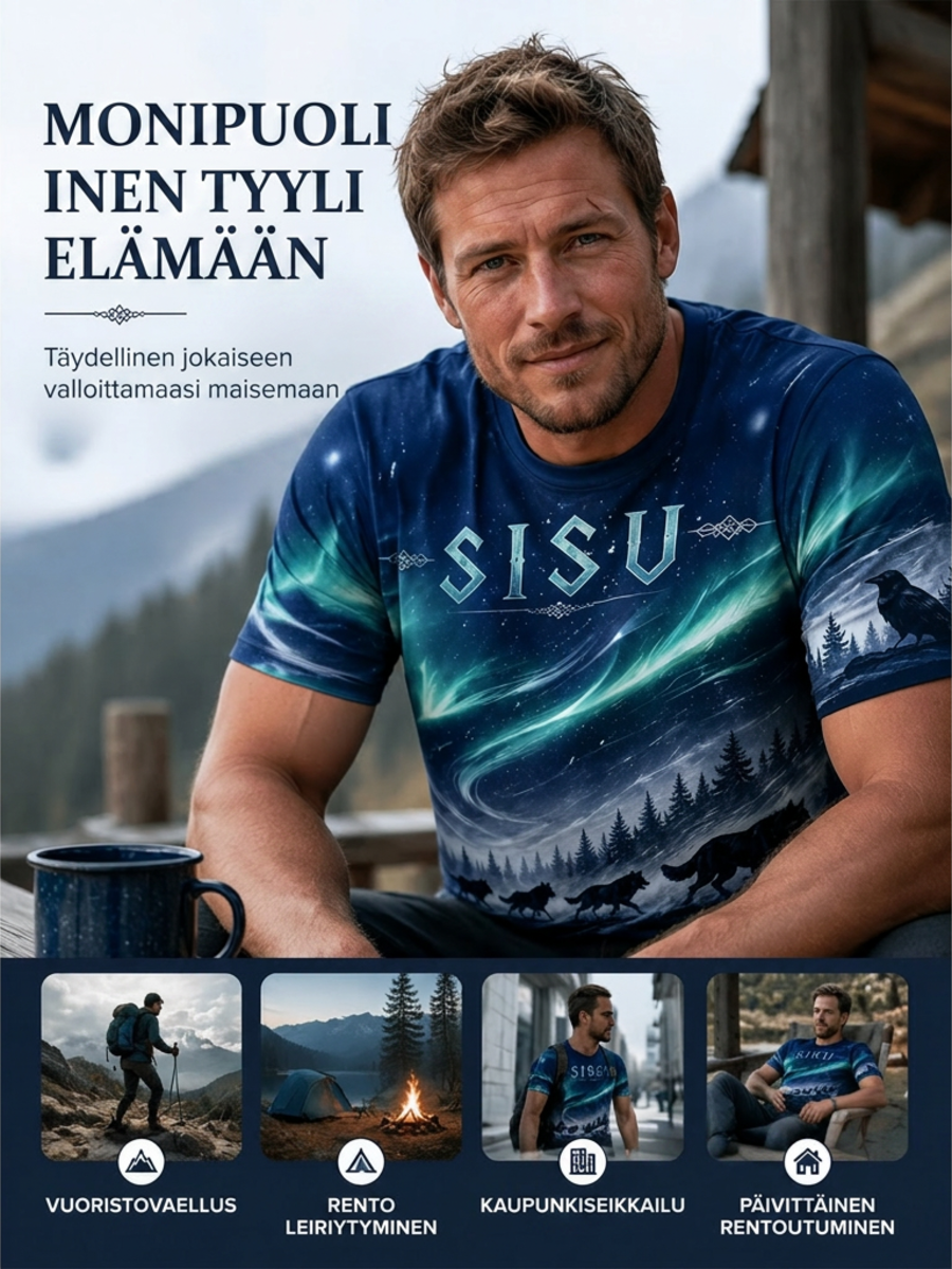 Miesten suomalainen veteraanien Sisu-elementti taidepainatuksella varustettu lyhythihainen t-paita