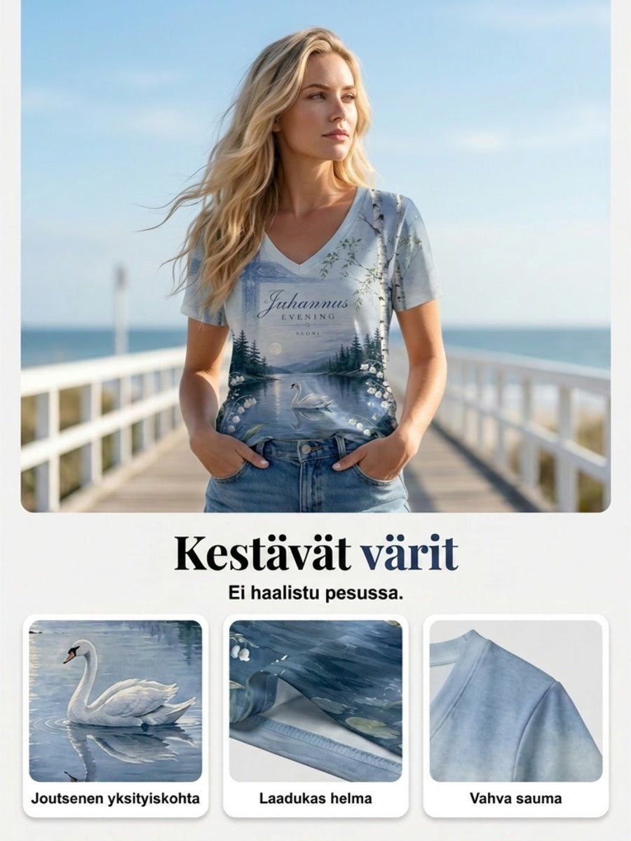 Naisten Suomi Midjuter Festival Printed Casual V-kaula T-paita