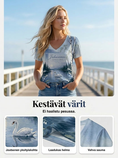Naisten Suomi Midjuter Festival Printed Casual V-kaula T-paita
