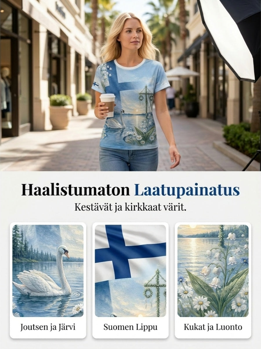 Naisten juhannusfestivaali -painokuvio, rento lyhythihainen t-paita