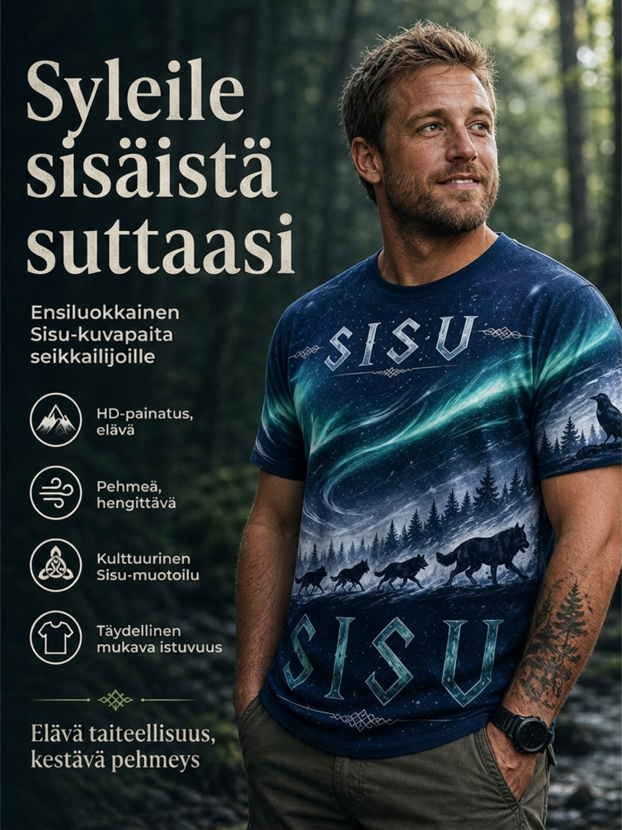 Miesten suomalainen veteraanien Sisu-elementti taidepainatuksella varustettu lyhythihainen t-paita