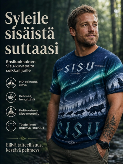 Miesten suomalainen veteraanien Sisu-elementti taidepainatuksella varustettu lyhythihainen t-paita