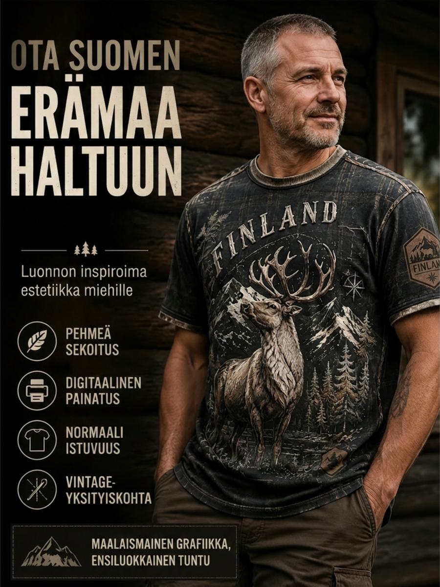Miesten Suomen järvi Contour Line jää poro Element Art Print T-paiti