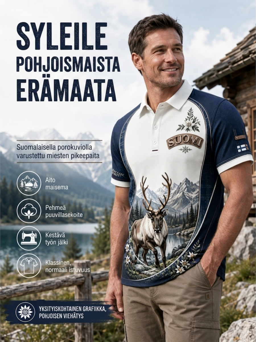 Miesten suomalainen arktinen poro-elementti taidepainatus polopaita