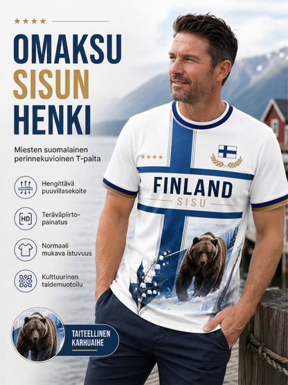 Miesten Sisu-kulttuurielementtejä esittelevä taidepainatus T-paita (Suomalainen veteraani)