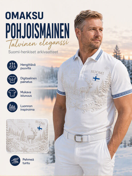 Miesten suomalainen arktinen poro isänmaallinen elementti taidetulostus poolopaita