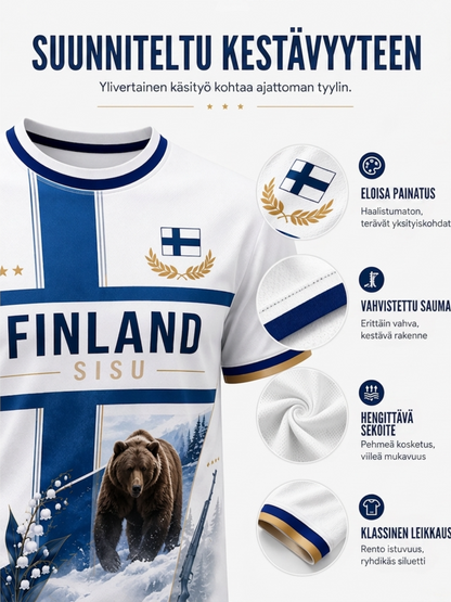 Miesten Sisu-kulttuurielementtejä esittelevä taidepainatus T-paita (Suomalainen veteraani)
