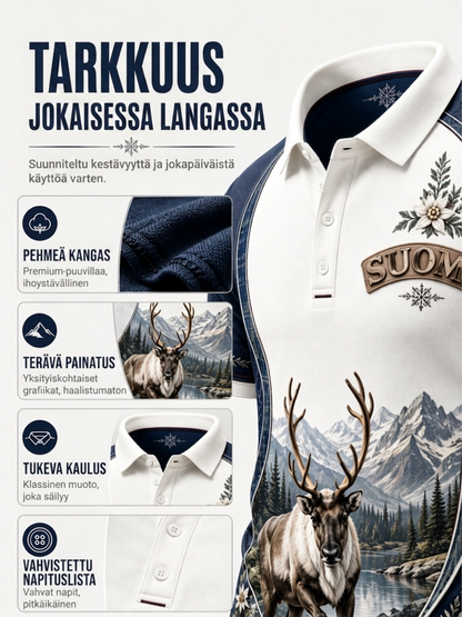 Miesten suomalainen arktinen poro-elementti taidepainatus polopaita