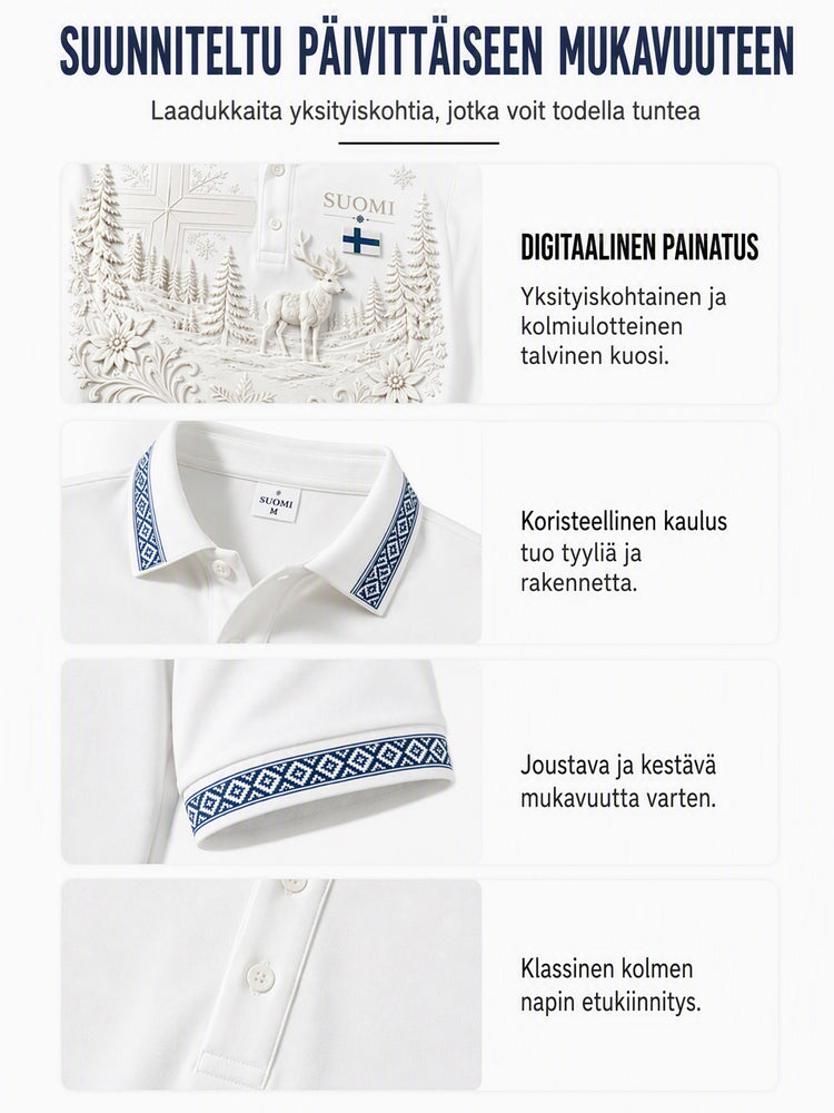 Miesten suomalainen arktinen poro isänmaallinen elementti taidetulostus poolopaita