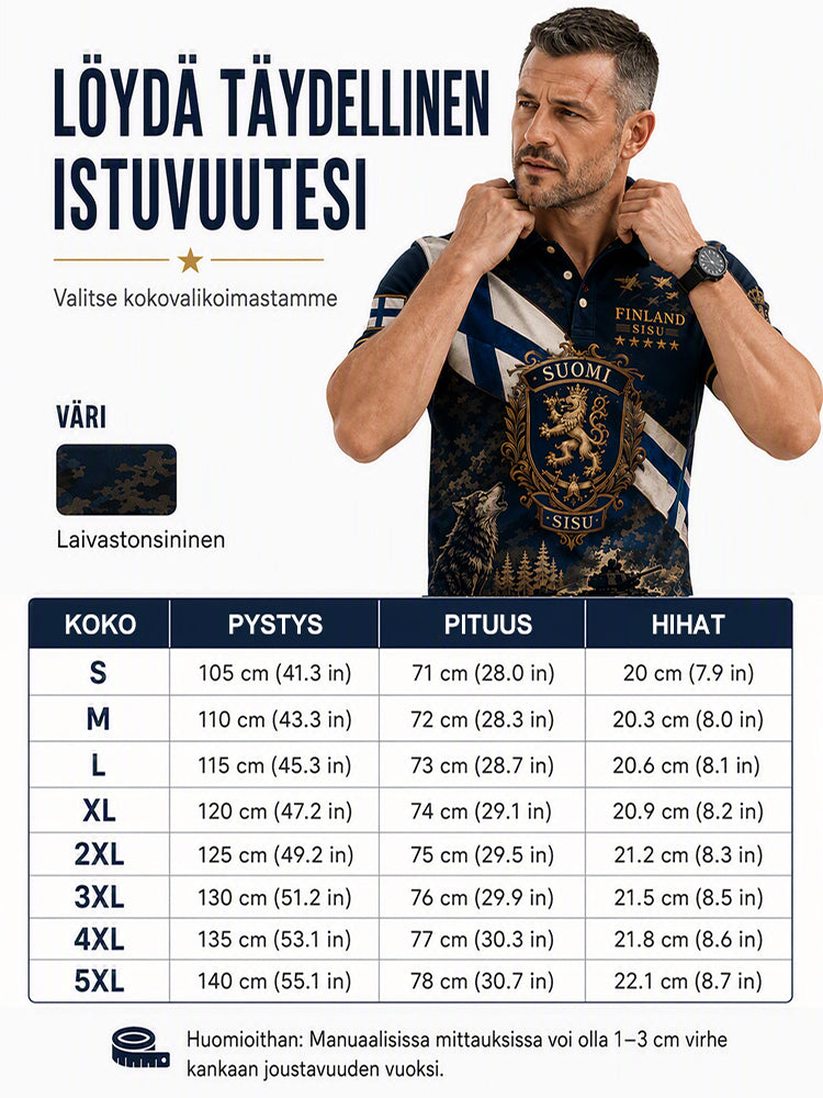 Miesten Sisu-kotirintamataidepainatuksella varustettu polopaita, jossa on suomalaisia veteraaneja muistuttavia elementtejä