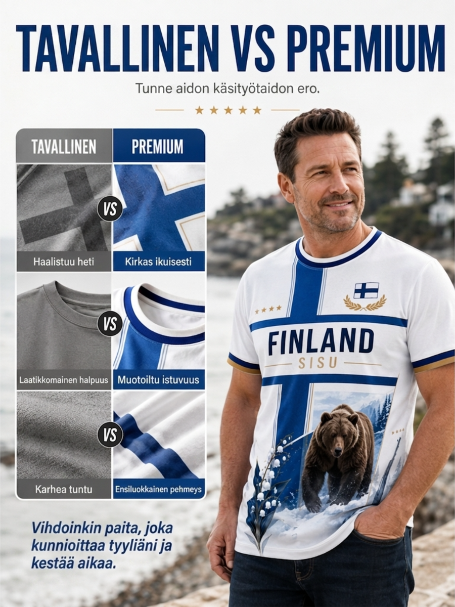 Miesten Sisu-kulttuurielementtejä esittelevä taidepainatus T-paita (Suomalainen veteraani)