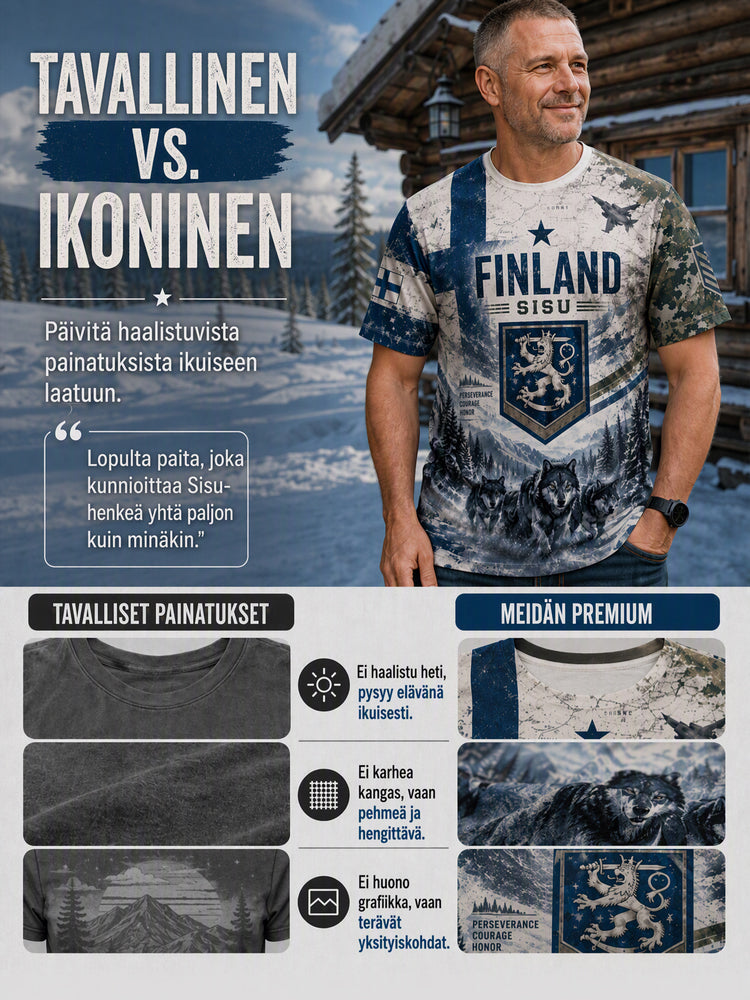 Miesten Sisu-perintö kulttuurielementit taidepainatukset T-paita (suomalainen veteraani)