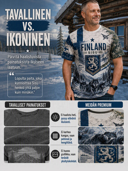 Miesten Sisu-perintö kulttuurielementit taidepainatukset T-paita (suomalainen veteraani)