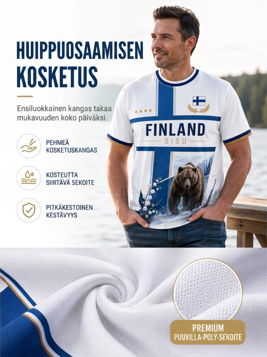 Miesten Sisu-kulttuurielementtejä esittelevä taidepainatus T-paita (Suomalainen veteraani)