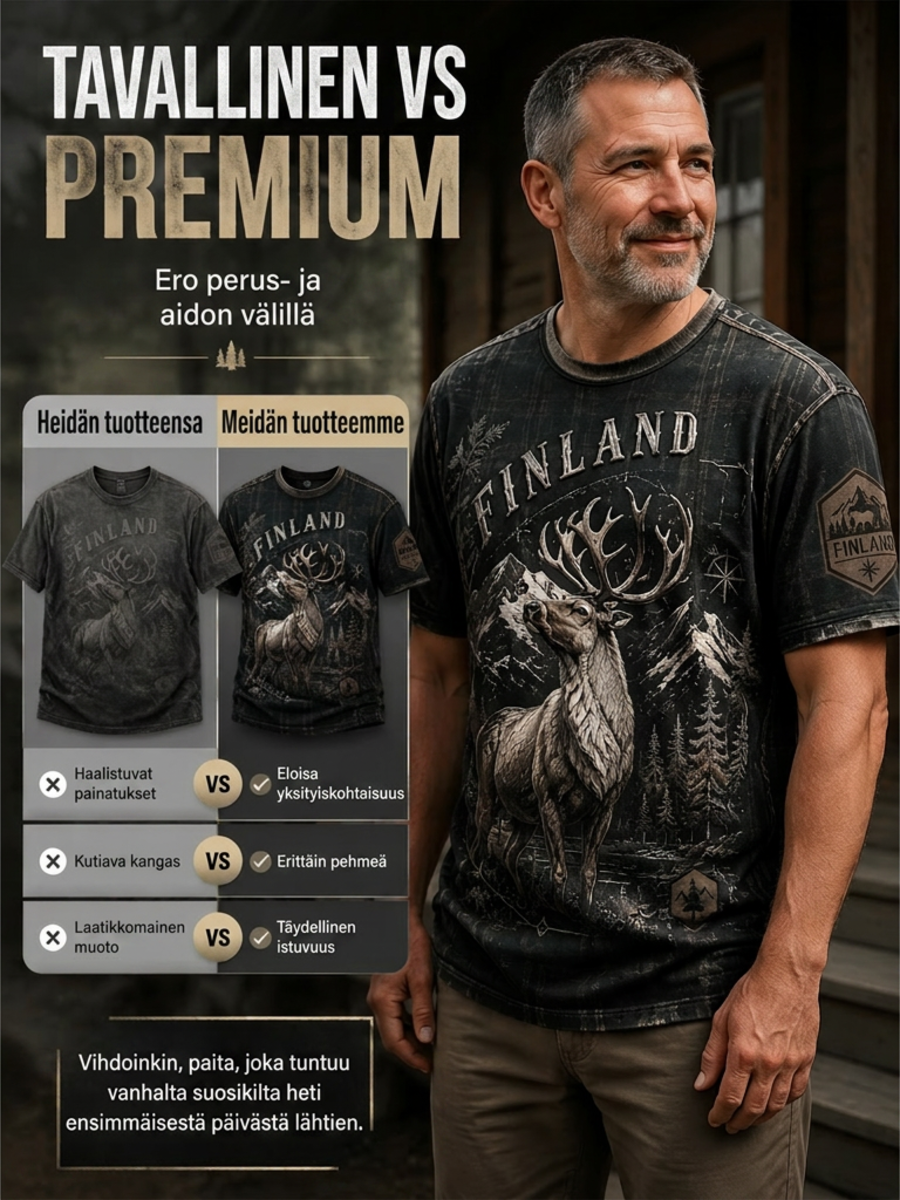 Miesten Suomen järvi Contour Line jää poro Element Art Print T-paiti