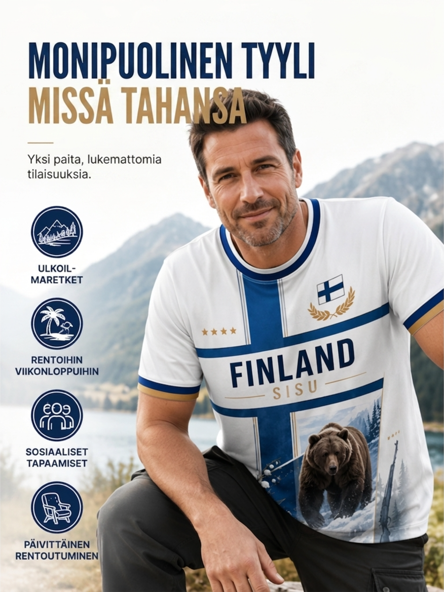 Miesten Sisu-kulttuurielementtejä esittelevä taidepainatus T-paita (Suomalainen veteraani)