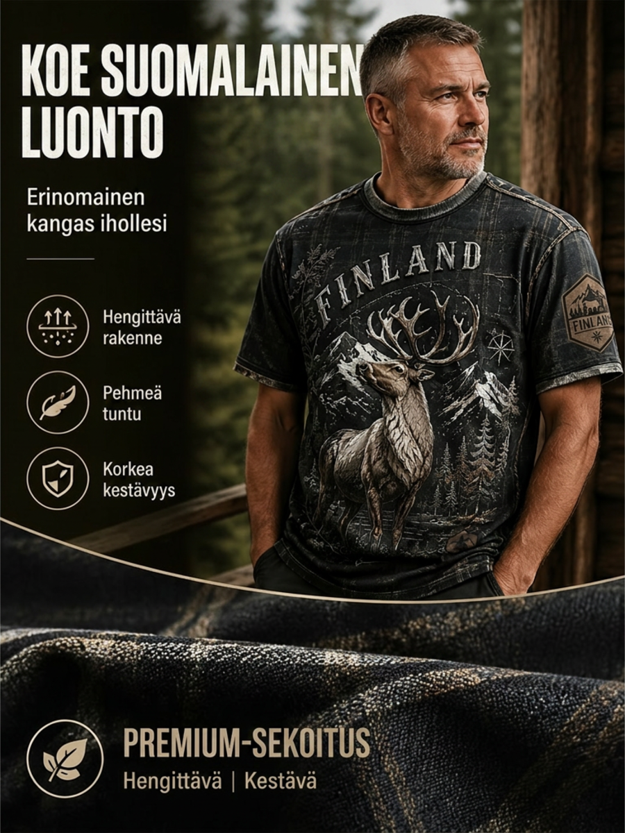 Miesten Suomen järvi Contour Line jää poro Element Art Print T-paiti