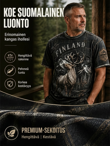 Miesten Suomen järvi Contour Line jää poro Element Art Print T-paiti