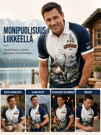 Miesten suomalainen arktinen poro-elementti taidepainatus polopaita