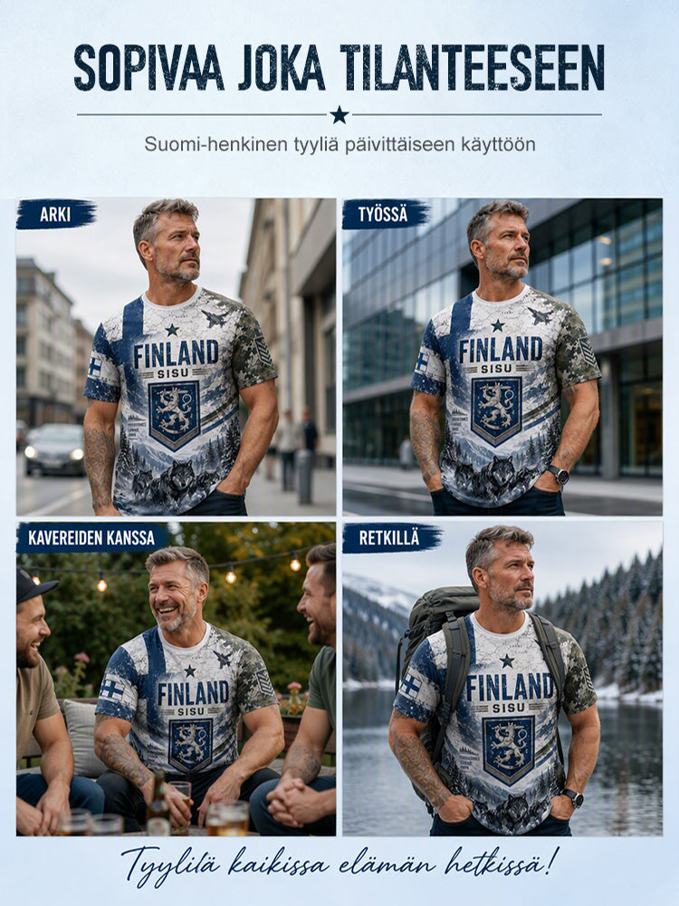 Miesten Sisu-perintö kulttuurielementit taidepainatukset T-paita (suomalainen veteraani)
