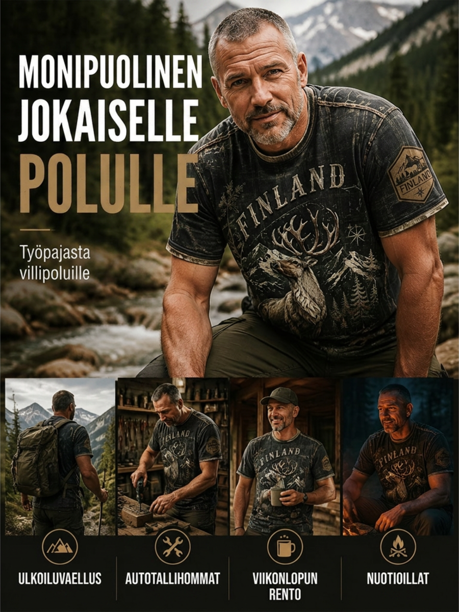 Miesten Suomen järvi Contour Line jää poro Element Art Print T-paiti
