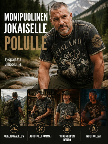 Miesten Suomen järvi Contour Line jää poro Element Art Print T-paiti