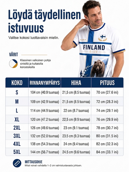 Miesten Sisu-kulttuurielementtejä esittelevä taidepainatus T-paita (Suomalainen veteraani)