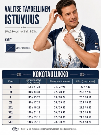 Miesten suomalainen arktinen poro-elementti taidepainatus polopaita