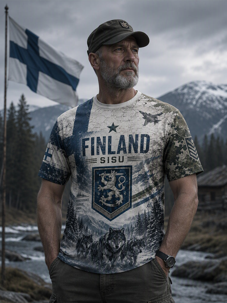 Miesten Sisu-perintö kulttuurielementit taidepainatukset T-paita (suomalainen veteraani)
