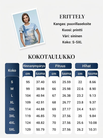 Naisten juhannusfestivaali -painokuvio, rento lyhythihainen t-paita