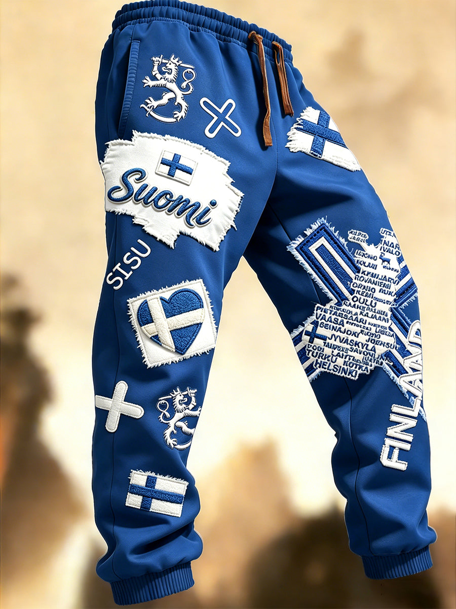 Miesten sininen Suomen lippu-patchwork 3D-tulostettu rento housut