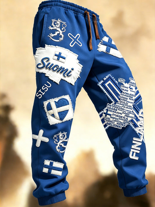 Miesten sininen Suomen lippu-patchwork 3D-tulostettu rento housut