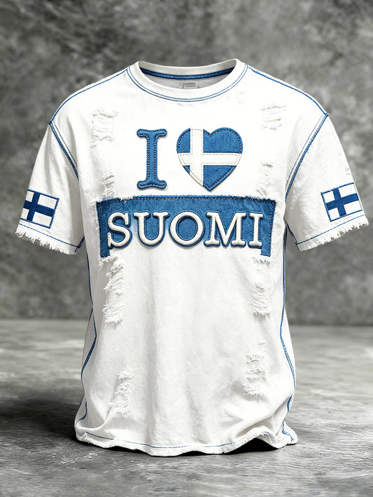 Miesten valkoinen rento t-paita, jossa on “SUOMI”-tilkkutapetti