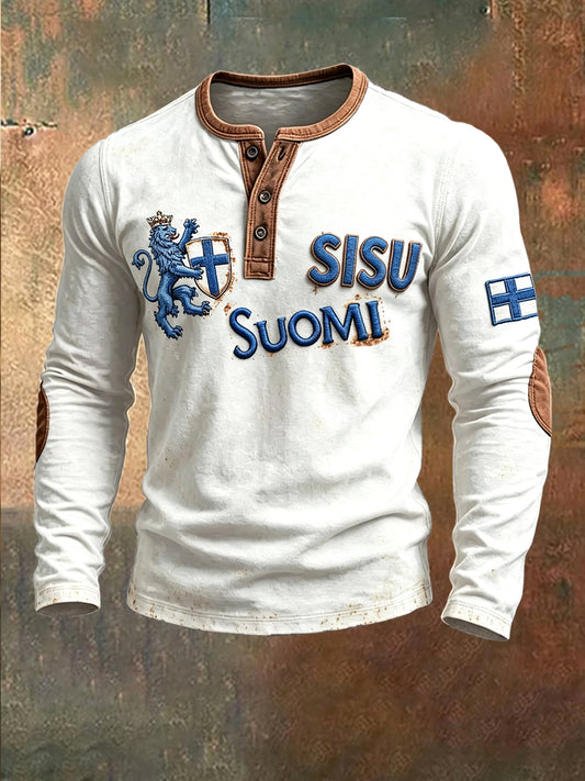 Miesten suomalainen Sisu 3D-painettu rento valkoinen Henley-huppari