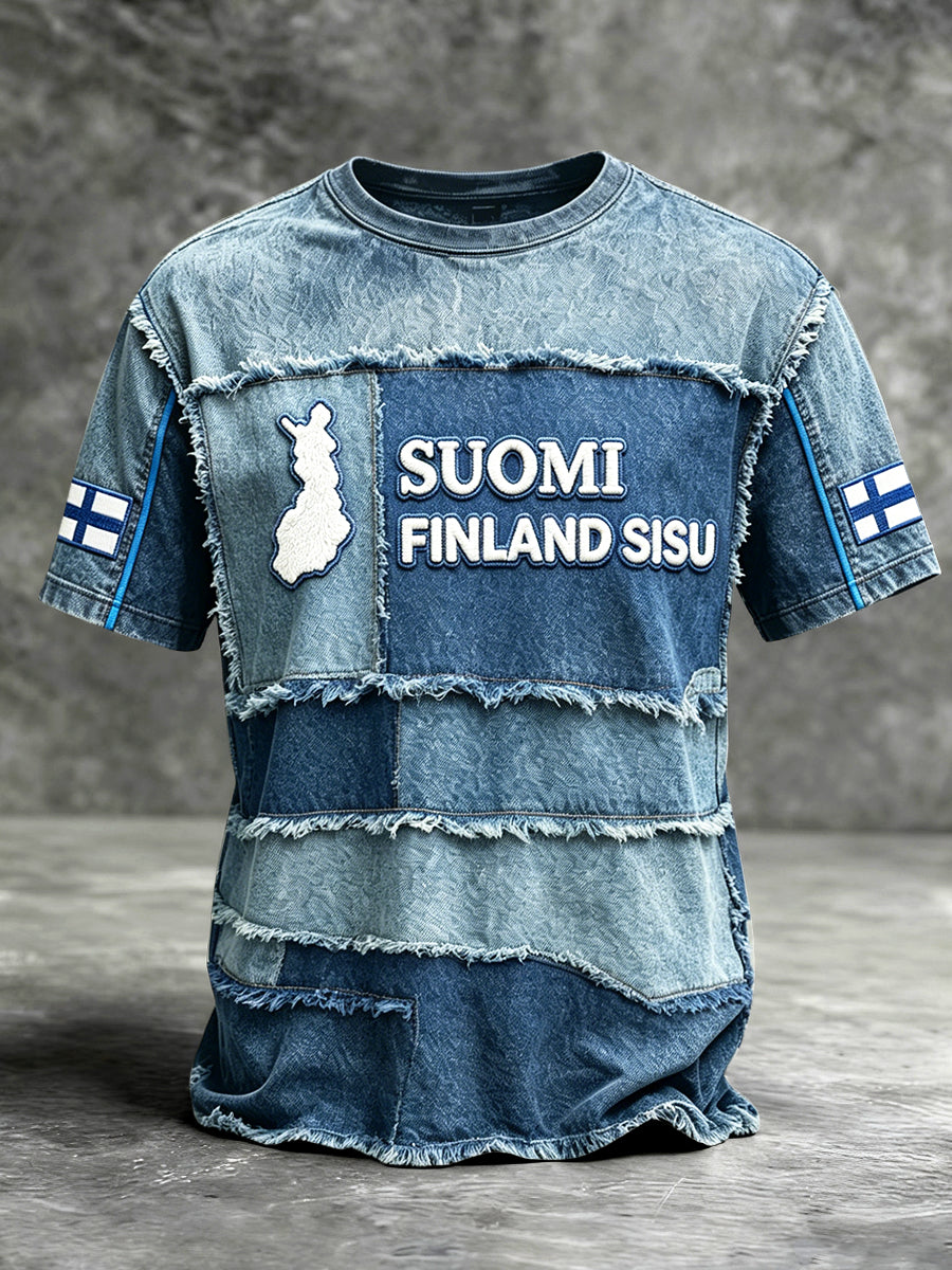 Miesten suomalainen farkkutakki tilkkutyönä ja painokuvioin, rento t-paita