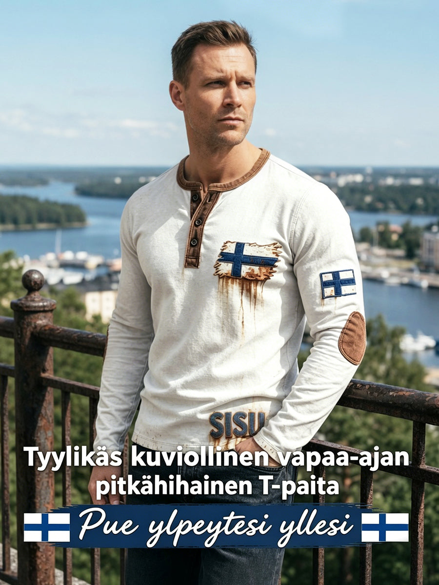 Miesten valkoinen vintage 3D-painettu Suomen lippu Henley-pääntie collegepaita