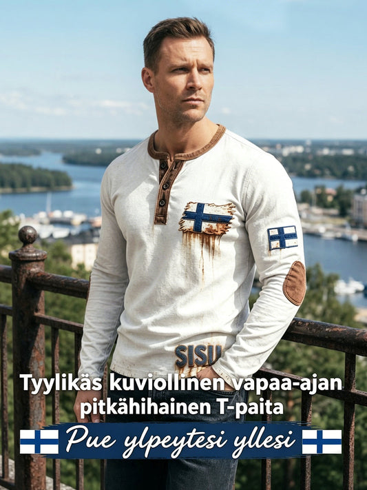 Miesten valkoinen vintage 3D-painettu Suomen lippu Henley-pääntie collegepaita