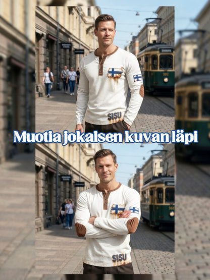 Miesten valkoinen vintage 3D-painettu Suomen lippu Henley-pääntie collegepaita