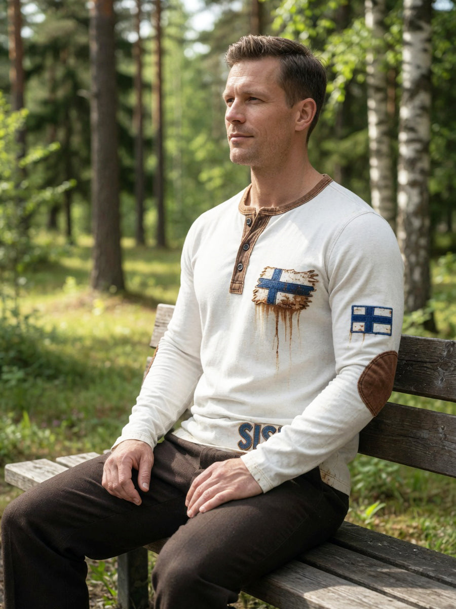 Miesten valkoinen vintage 3D-painettu Suomen lippu Henley-pääntie collegepaita