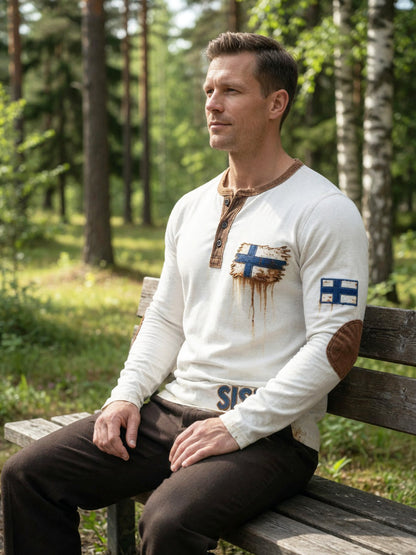 Miesten valkoinen vintage 3D-painettu Suomen lippu Henley-pääntie collegepaita