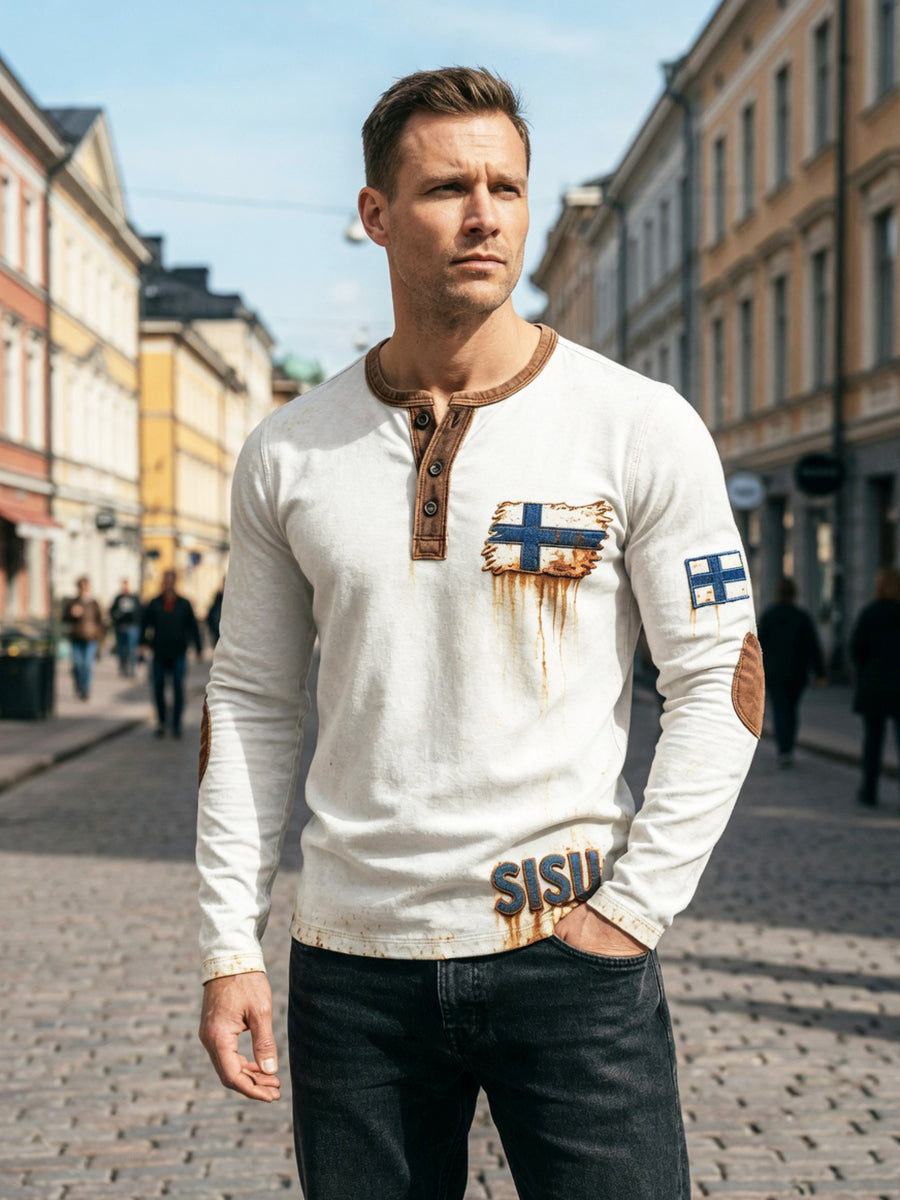 Miesten valkoinen vintage 3D-painettu Suomen lippu Henley-pääntie collegepaita