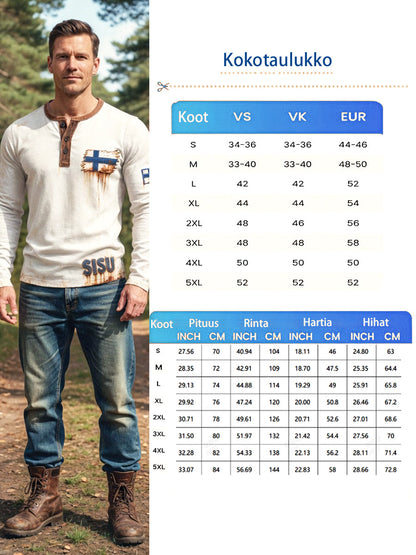 Miesten valkoinen vintage 3D-painettu Suomen lippu Henley-pääntie collegepaita