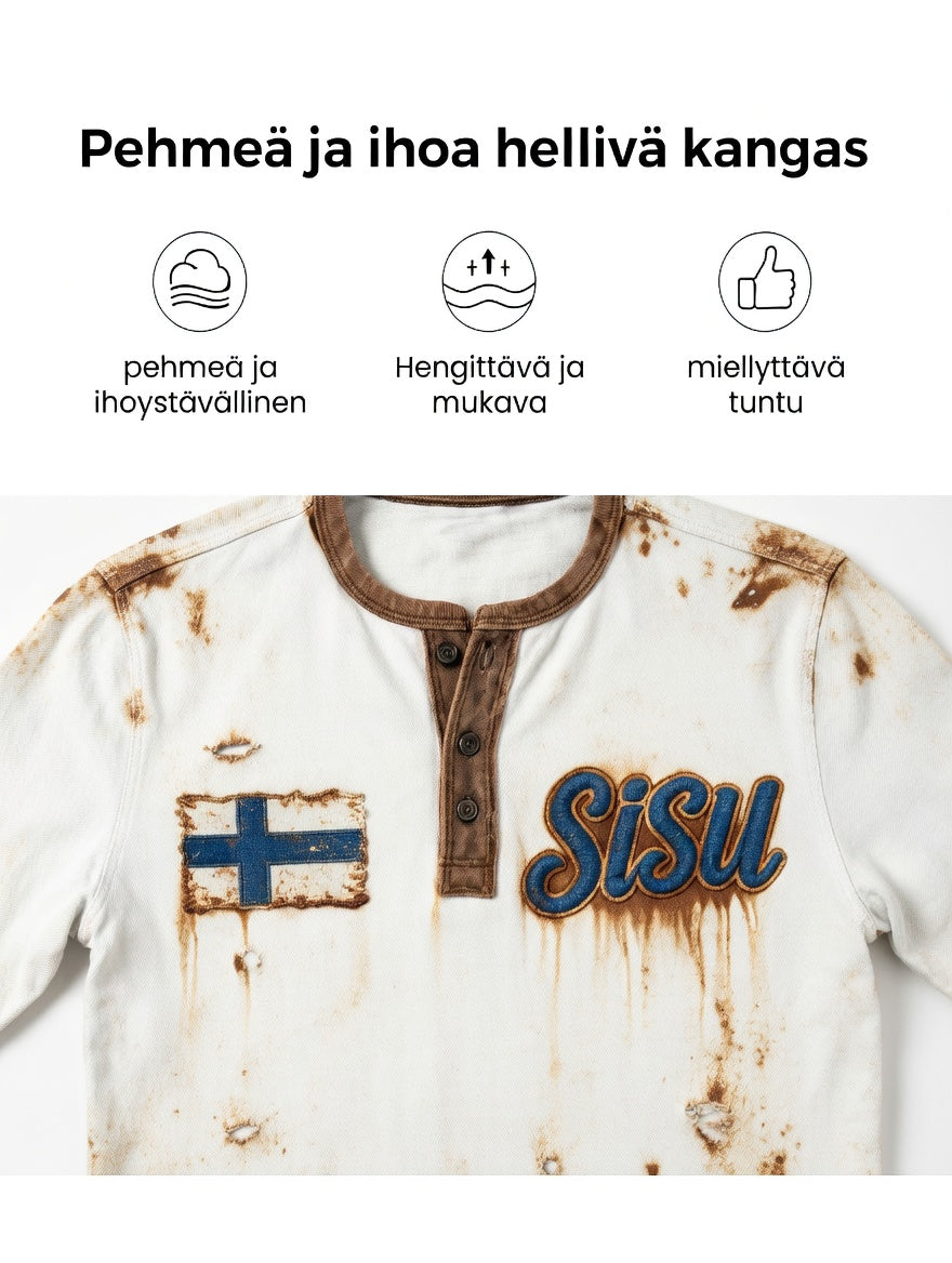 Miesten valkoinen vintage 3D-painettu Suomen lippu Henley-pääntie collegepaita