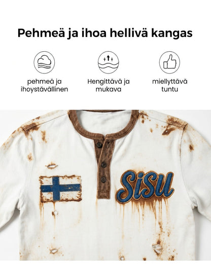 Miesten valkoinen vintage 3D-painettu Suomen lippu Henley-pääntie collegepaita