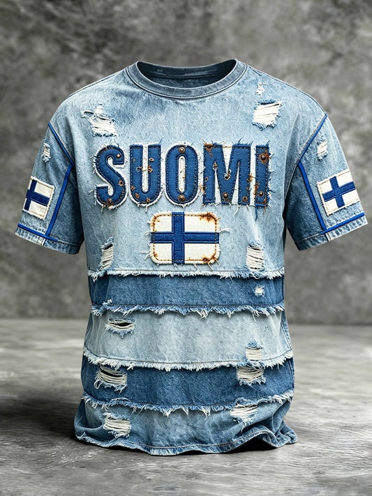 Miesten suomalainen Suomi farkkupatchwork-painokuvioinen rento t-paita