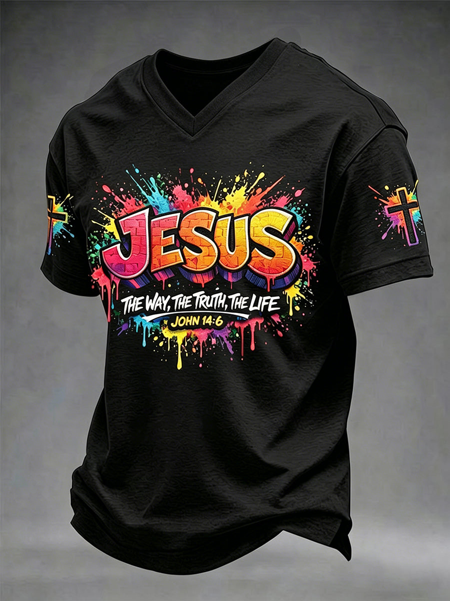 Miesten Christian Jeesus Cross Short Sleeve V-kaula T-paita