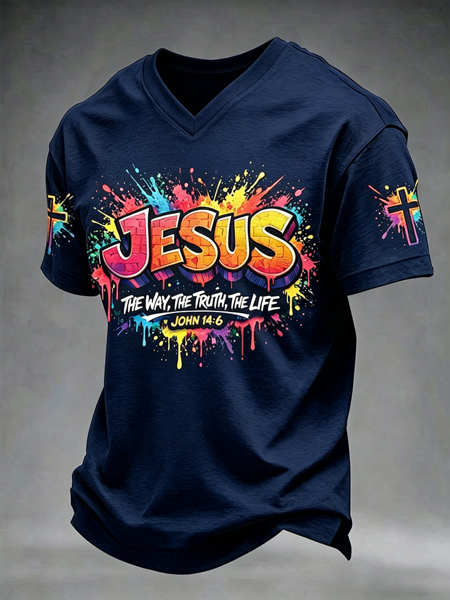 Miesten Christian Jeesus Cross Short Sleeve V-kaula T-paita