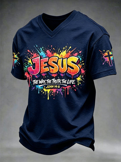 Miesten Christian Jeesus Cross Short Sleeve V-kaula T-paita